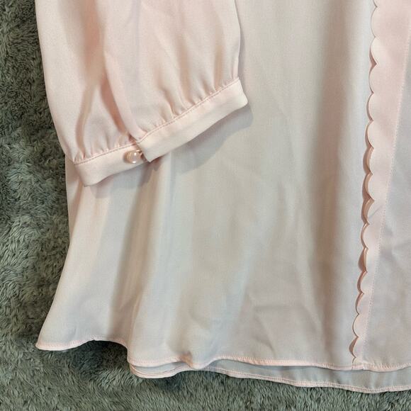 Elle L Large Blush Seashell Pink Scalloped Chiffon Crepe Blouse Button Down Top - Picture 2 of 8